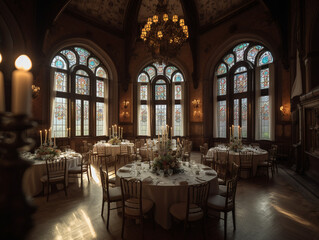 Fototapeta na wymiar Lavish banquet hall in castle with grand chandelier, glass fixtures, and elegant interior design for events and functions, generative AI.