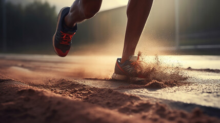 Running, shoes and start with a sports woman or female runner on a track for a workout. Generative Ai