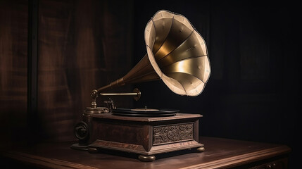Vintage antique gramophone phonograph turntable with brass horn. Generative Ai - obrazy, fototapety, plakaty