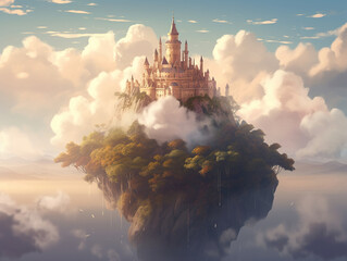 Castle in the clouds, floating tower on white fluffy cumulus clouds, atmospheric phenomenon, natural landscape, art, generative AI.