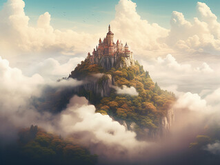 Castle in the clouds on white fluffy clouds, surreal natural landscape, atmospheric phenomenon, cumulus clouds, mountain horizon, generative AI.