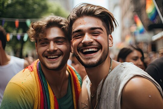 Young gay couple dancing at an outdoor pride party