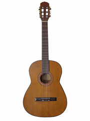 A vintage, nylon string acoustic is shown isolated, set against a white background.