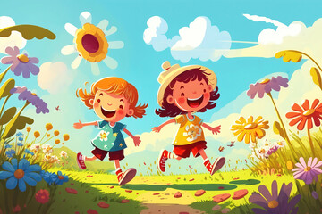 Obraz na płótnie Canvas Happy children run on a meadow with flowers in summer, cartoon illustration generative AI