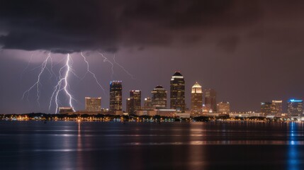 image of a night city with lightning. background banner . Generative AI 