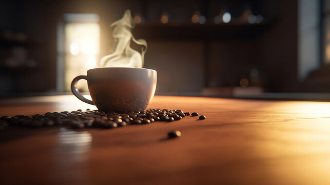 Hot Coffee cup and coffee beans roating on the wooden table. Generative Ai