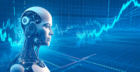 AI Robot Trading, Artificial Intelligence Shares Daytrating, AI trading bot concept with candlestick graph, Generative AI