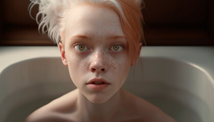 girl in shower, Portrait of albino girl relaxing in the bathtub at home, image generated with artificial intelligence.