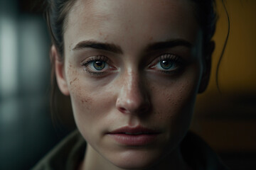 close up portrait of a woman, Portrait of a woman looking at the camera with wounds on her face, concept of physical and psychological abuse, image created with ia