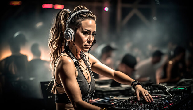 dj in action, portrait of a woman dj in a live session, image generated with artificial intelligence