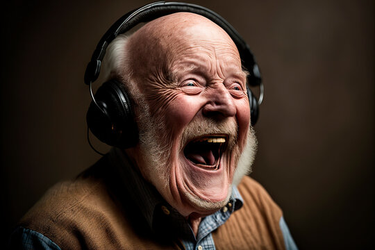 man with headphones, portrait of an old man smiling and listening to music in his headphones, image created with ai