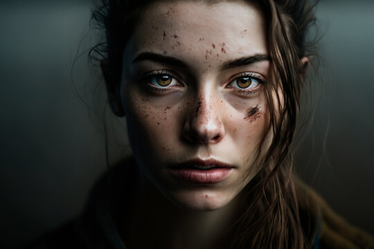 portrait of a woman, Portrait of a woman looking at the camera with wounds on her face, concept of physical and psychological abuse, image created with ia