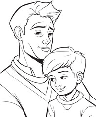 Hand drawn vector coloring page of father and son, Coloring page for kids and adults. Print design, fathers day illustration coloring page