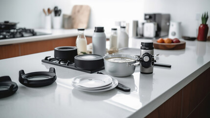 Obraz na płótnie Canvas Kitchen utensils and dishware on wooden shelf. Generative Ai