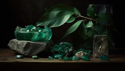 Crystal gemstone reflects nature beauty in still life generated by AI