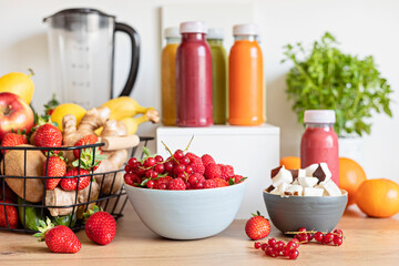 Healthy fresh fruit and vegetable smoothies with assorted ingredients of various colors and tastes. Superfood detox and diet food concept