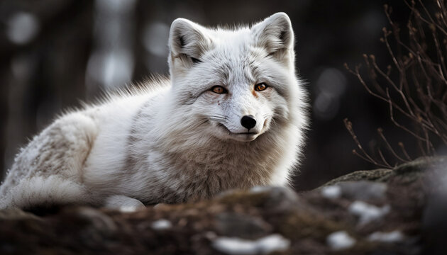 Arctic fox sitting, alert, looking at camera generated by AI