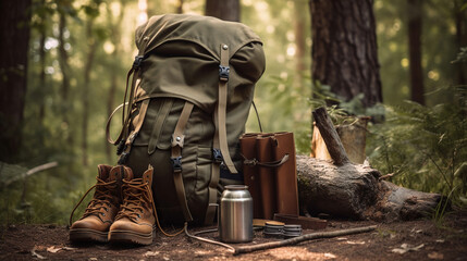 Hiking and camping equipment in forest. Generative Ai