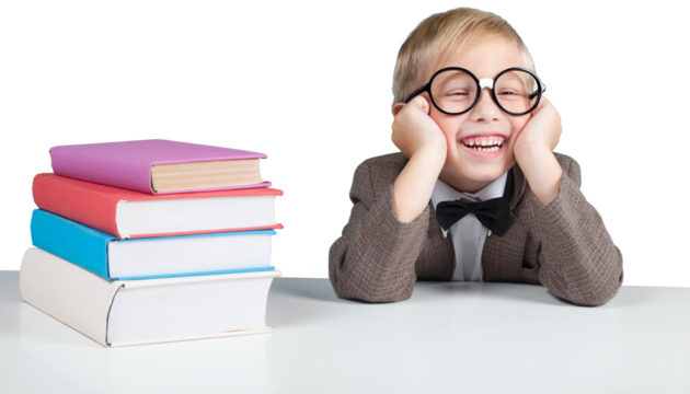 Portrait of a cute young boy in  glasses with books  over background - Powered by Adobe