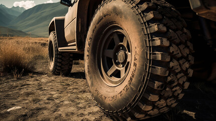 Fototapeta na wymiar Truck car wheel on offroad steppe adventure trail. Generative Ai