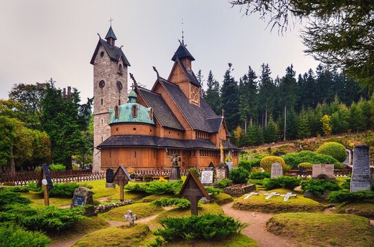 Karpacz, Poland - October 1, 2014: Temple Wang in Karpacz, Poland. Norwegian stave church which was transferred to Karpacz town in Karkonosze mountains, Poland. View from the graveyard.
