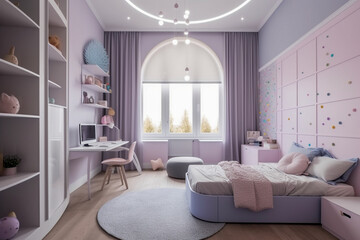 Fototapeta na wymiar Cozy modern children bedroom for girl, lilac light colors. Super photo realistic background, generative ai illustration