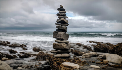 Tranquil cairn atop rocky shoreline stack generated by AI