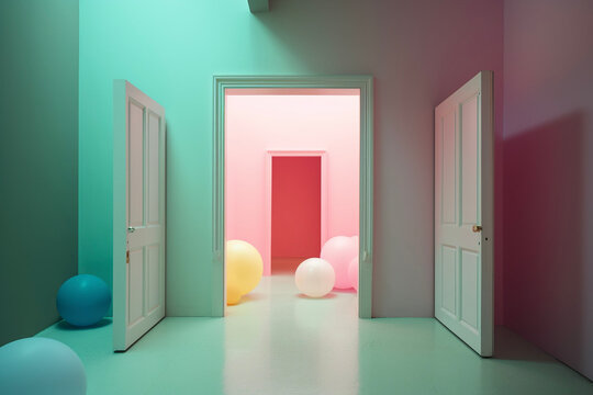 Muted Pastel Interior Surreal Doors Ballons Generative AI