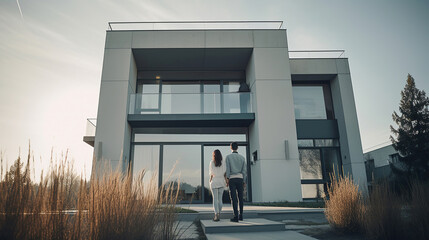 young couple standing in front of their house, real estate purchase, investment. Generative Ai