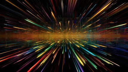 abstract dark background of light with stripes of multicolored rays moving from the center. Generative AI