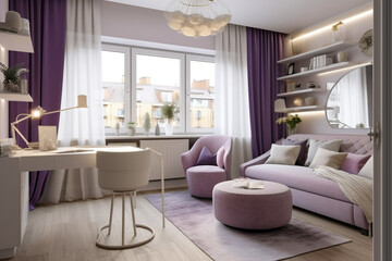 Cozy modern home office for woman, lilac light colors. Super photo realistic background, generative ai illustration