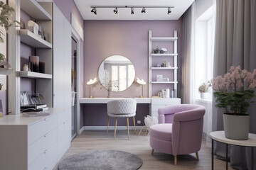 Cozy modern home office for woman, lilac light colors. Super photo realistic background, generative ai illustration