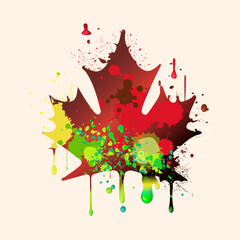 Symbol of Canada maple leaf vintage colors, street art style, colored paint blots. Vector graphics