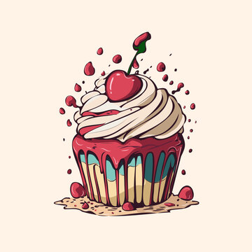 Cupcake with cherries. Cream and cherries, cupcake in a splash of paint. Vector graphics