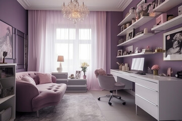 Cozy modern home office for woman, lilac light colors. Super photo realistic background, generative ai illustration
