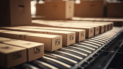 Orders processed on conveyor belt. Cardboard boxes in logistics warehouse. Generative Ai