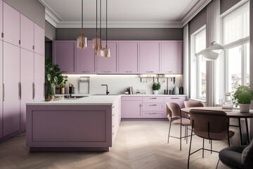 Fototapeta premium Cozy modern kitchen for woman, lilac light colors. Super photo realistic background, generative ai illustration