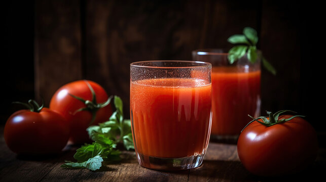 Fresh tomato juice, on a wooden background. Generative Ai