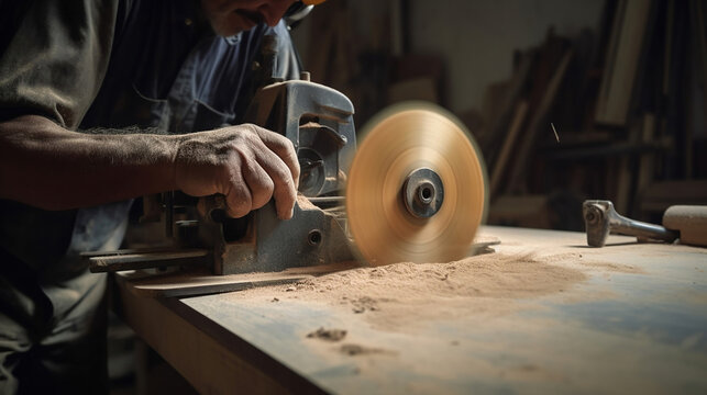 carpenter using a circular saw to cut a large board of wood. Generative Ai