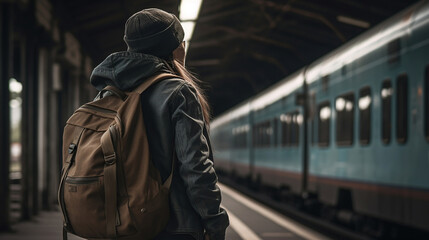 Fototapeta na wymiar Travel at vacation. Woman with backpack waiting for train at railway station. Generative Ai