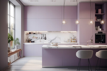 Obraz na płótnie Canvas Cozy modern kitchen for woman, lilac light colors. Super photo realistic background, generative ai illustration