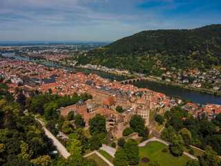 Fototapeta na wymiar Aerial view by drone Heidelberg Baden-Wurtemberg Bridge Neckar Germany Castle