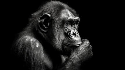 Schwarz-Wei&szlig; Bild eines nachdenklichen Affen (Generative AI) 