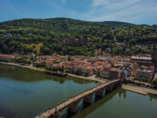 Obraz premium Aerial view by drone Heidelberg Baden-Wurtemberg Bridge Neckar Germany