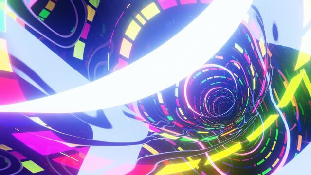 Hi-tech neon sci-fi tunel. Trendy neon glow lines form pattern and construction in mirror tunnel. Fly through technology cyberspace. Neon rings. 3d looped seamless 4k bright youth background.