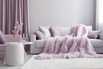 Fototapeta na wymiar Cozy living room for woman, lilac light colors. Super photo realistic background, generative ai illustration