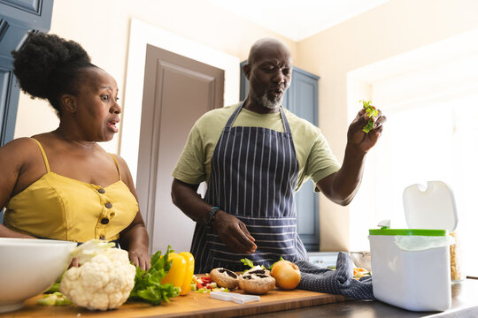 Happy Senior African American Couple Wearing Aprons And Throwing Waste Out In Kitchen