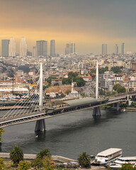 Fototapeta na wymiar Aerial view of Golden Horn Metro Bridge, or Halic Metro Koprusu, before sunset, Istanbul city, Turkey