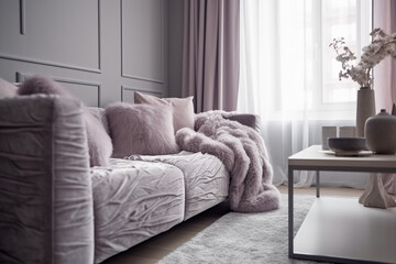 Fototapeta na wymiar Cozy living room for woman, lilac light colors. Super photo realistic background, generative ai illustration
