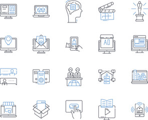 Journalistic enterprise line icons collection. Investigative, Reporting, Research, News, Analysis, Coverage, Editorial vector and linear illustration. Feature,Current,Breaking outline signs set